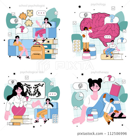 Psychologist concept set. Mental health diagnostic. Doctor treating human mind. Psychological test, thoughts and emotions analysis. Flat vector illustration Psychologist concept set. Mental health diagnostic. Doctor treating human mind. Psychological test, thoughts and emotions analysis. Flat vector illustration 112586996
