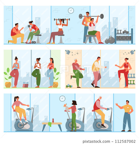 People doing exercises in the gym. Fitness club interior with sport equipment. Women and men training, lifting dumbbells, dancing and doing yoga. Healthy lifestyle routine. Flat vector illustration 112587002