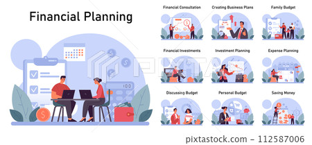 Financial planning set. Personal and family budget development, expense management. Investing money. Financial well-being. Flat vector illustration Financial planning set. Personal and family budget development, expense management. Investing money. Financial well-being. Flat vector illustration 112587006