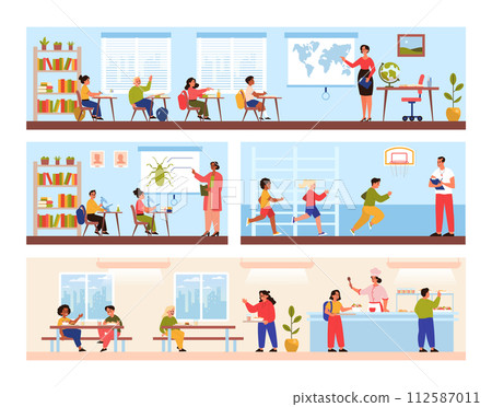 Elementary school building interior. Three floors of classrooms, dining room and gym. Kids primary education and studying routine. Flat vector illustration 112587011