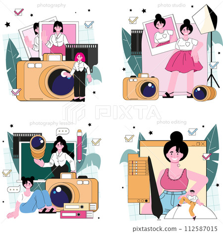 Photography course set. Photographer teaching of light setting and photo editing. Artistic hobby and photography class. Flat vector illustration 112587015