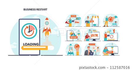 Business restart set. Company reopening or project reboot. New chance to improve outcome. Character press restart button. Market recovery after crisis or restrictions. Flat vector illustration 112587016