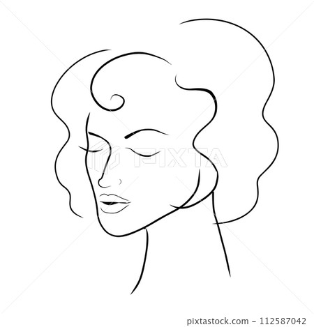 Woman face line art. Minimalistic style. Vector hand drawn beauty fashion illustration for logo, cosmetics or makeup and t-shirt prints. Woman face line art. Minimalistic style. Vector hand drawn beauty fashion illustration for logo, cosmetics or makeup and t-shirt prints. 112587042