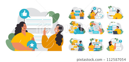 Active listening skill set. Attentive business charcter or employee soft skills development. Conversation, negotiation, emotional intellegence and team work. Flat vector illustration 112587054