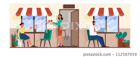 Coffee shop outdoors exterior. Cafe with people sitting at tables, drinking coffee and working at the laptop. Barista serving coffee. Flat vector illustration Coffee shop outdoors exterior. Cafe with people sitting at tables, drinking coffee and working at the laptop. Barista serving coffee. Flat vector illustration 112587059