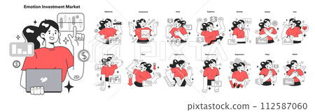 Cycle of investor emotions set. Emotions and feelings of female character throughout the cycle in share market. Emotional roller coaster of investing. Flat vector illustration Cycle of investor emotions set. Emotions and feelings of female character throughout the cycle in share market. Emotional roller coaster of investing. Flat vector illustration 112587060