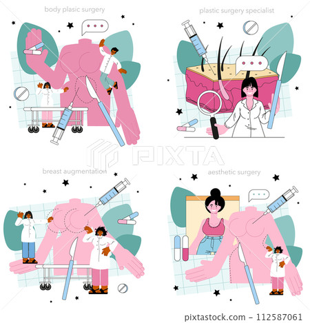 Plastic surgeon concept set. Aesthetic body correction. Implant and liposuction procedure. Doctor making injections or incision inserting implant. Flat vector illustration Plastic surgeon concept set. Aesthetic body correction. Implant and liposuction procedure. Doctor making injections or incision inserting implant. Flat vector illustration 112587061