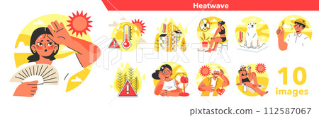 Heat wave set. Character suffering from heat. Climate change causing abnormal temperature problem. Strong sunlight, hot summer day. Flat vector illustration 112587067