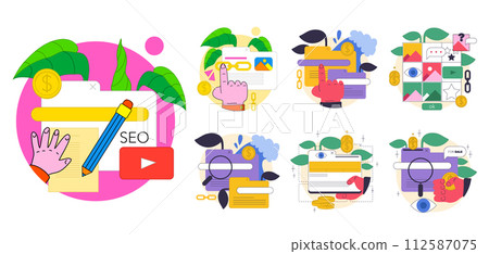Passive income in the internet set. Character making money online. Publication and promotion of website or web application on the internet. Profit from remote source. Flat vector illustration Passive income in the internet set. Character making money online. Publication and promotion of website or web application on the internet. Profit from remote source. Flat vector illustration 112587075