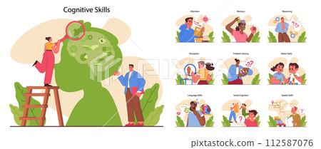 Cognitive skills set. Human cognitive function, ability or capacity to process data. Intellect development. Motor and learning skill, memory and attention span. Flat vector illustration Cognitive skills set. Human cognitive function, ability or capacity to process data. Intellect development. Motor and learning skill, memory and attention span. Flat vector illustration 112587076