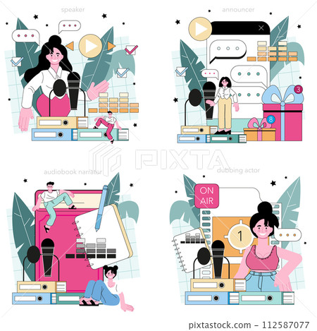 Speaker concept set. Voice actor dubbing a movie, audio book or radio announcer. Character talking through the microphone at the studio. Flat vector illustration Speaker concept set. Voice actor dubbing a movie, audio book or radio announcer. Character talking through the microphone at the studio. Flat vector illustration 112587077