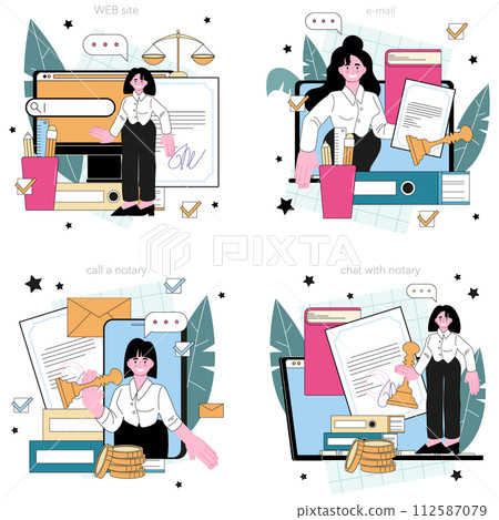 Notary service online service or platform set. Specialist authorised to perform acts in legal affairs, witnessing paper documents. Online call, chat, e-mail, website. Flat vector illustration 112587079