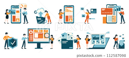 Digital Marketing set. Characters managing data analysis, cybersecurity, and online transactions. Interactive tech engagement and information processing. Flat vector illustration. 112587098
