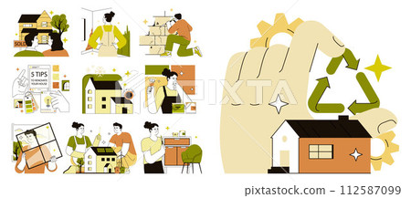 Retrofit movement set. Couple doing a home renovation together. Old house modernization and improvement for sustainable living. Construction works. Flat vector illustration 112587099