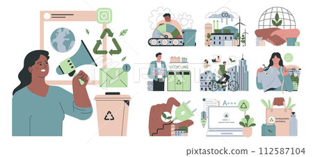 Social entrepreneurship set. Business' responsibility for impact on climate and environment. Company implementing solutions for future sustainable development. Flat vector illustration 112587104