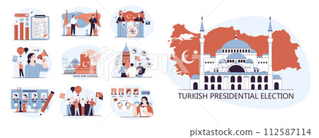 Turkey 2023 presidential election. Democratic procedure, turkish citizens deliberate and decide country's future by the electoral process. People choosing their leader. Flat vector illustration 112587114