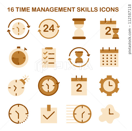Time management icons set. Character with self-discipline. Planning and checking task, appointment or assignment planning. Organization for performance efficiency. Flat vector illustration 112587118