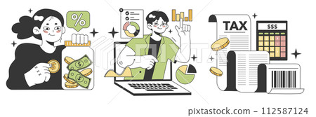 Financial literacy set. Personal budget development, money planning and control. Currency balance, assets management. Financial well-being. Flat vector illustration Financial literacy set. Personal budget development, money planning and control. Currency balance, assets management. Financial well-being. Flat vector illustration 112587124