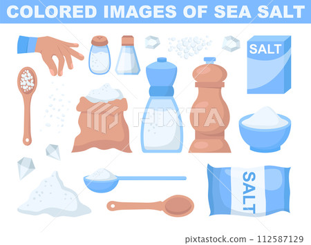 Sea salt set. Spice or seasoning packaging. Glass pots, bottles, spoon with salt powder, salting crystals. Kitchenware product. Flat vector illustration 112587129