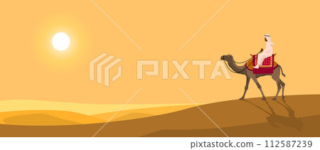 Camel rider against the background of the sun 112587239