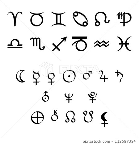 Signs of the zodiac and planetary symbols of astrology. Twelve zodiac signs, ten graphical planet symbols, and the signs for Chiron, True Lilith, Ascending and Descending Nodes, in calligraphic style. 112587354
