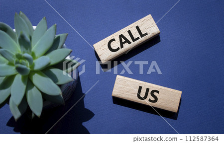 Call Us symbol. Wooden blocks with words Call Us. Beautiful deep blue background with succulent plant. Business and Call Us concept. Copy space. Call Us symbol. Wooden blocks with words Call Us. Beautiful deep blue background with succulent plant. Business and Call Us concept. Copy space. 112587364