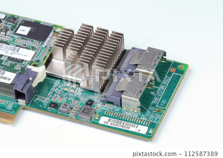 Close up of SFF-8086 or msas or mini sas connector of Disk array controller on modern server. 112587389