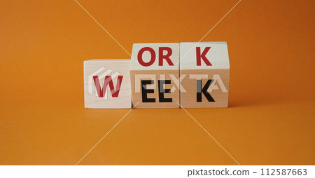 Work Week symbol. Turned wooden cubes with words Work Week. Beautiful orange background. Business and Work Week concept. Copy space Work Week symbol. Turned wooden cubes with words Work Week. Beautiful orange background. Business and Work Week concept. Copy space 112587663