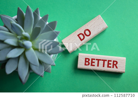 Do better symbol. Wooden blocks with words Do better. Beautiful green background with succulent plant. Business and Do better concept. Copy space. 112587710