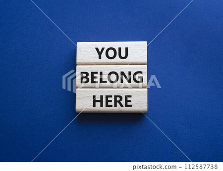 You belong here symbol. Wooden blocks with words You belong here. Beautiful deep blue background. Business and You belong here concept. Copy space. 112587738