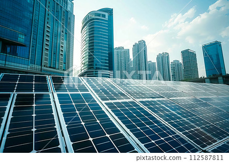 AI-generated content. Solar panels on a buildings roof with skyscrapers in the background, utilizing clean energy in an urban setting. 112587811