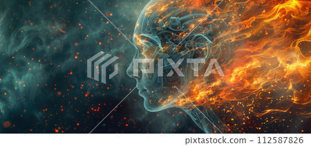 Portrait of burning humanoid AI robot on smoke background, banner for artificial intelligence theme. Concept of technology, fire, innovation, digital future, art. 112587826