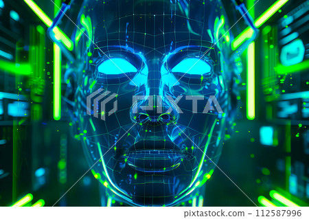 AI-generated content. A womans face with glowing blue eyes symbolizing artificial intelligence in a futuristic setting. 112587996
