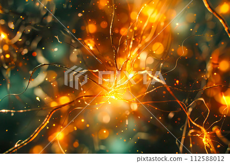 AI-generated content. Neurons and synapses engage in electrical activity within the brain. 112588012