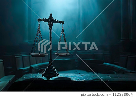 AI-generated content. A scale of justice is illuminated in a dimly lit courtroom. 112588064
