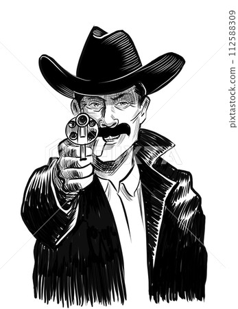 Cowboy pointing gun at you. Hand drawn retro styled illustration Cowboy pointing gun at you. Hand drawn retro styled illustration 112588309
