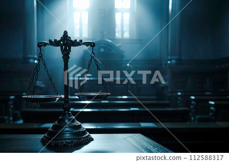 AI-generated content. A scale of justice stands in a dark court hall. 112588317