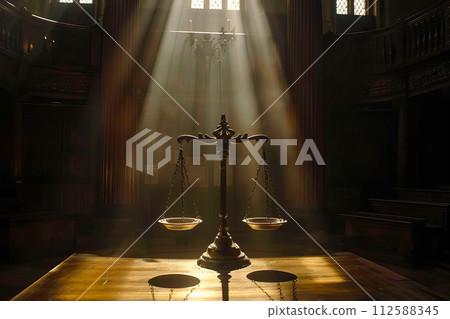 AI-generated content. A wooden table is topped with a scale of justice in a dark court hall. 112588345