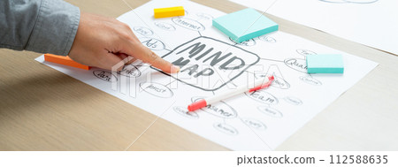 Professional male leader points on brainstorming mind map. Closeup. Variegated 112588635