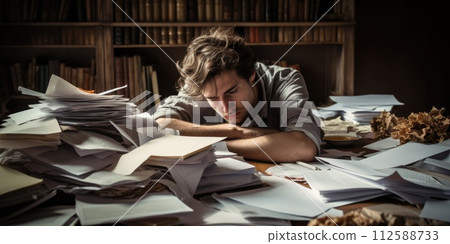 AI-generated content. Stressed and exhausted office worker with pile of document without comeliness 112588733