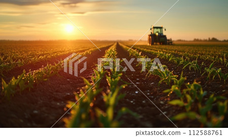 AI-generated content. An early morning farmer's field, dew on crops, sunrise. Resplendent. 112588761