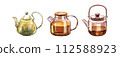 Set glass teapot with infuser and flowering tea, black tea with lemon and citrus. Watercolor hand-drawn illustration isolated on white background. Perfect for recipe lists with drinks for cafe 112588923
