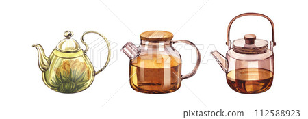 Set glass teapot with infuser and flowering tea, black tea with lemon and citrus. Watercolor hand-drawn illustration isolated on white background. Perfect for recipe lists with drinks for cafe Set glass teapot with infuser and flowering tea, black tea with lemon and citrus. Watercolor hand-drawn illustration isolated on white background. Perfect for recipe lists with drinks for cafe 112588923