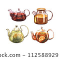 Set glass teapot with infuser and flowering tea, with lemon and citrus. Watercolor hand-drawn illustration isolated on white background. Perfect for recipe lists with drinks, brochures for cafe. 112588929