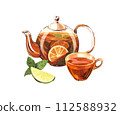 Glass teapot and cup of tea with mint and lemon, citrus. Watercolor hand-drawn illustration isolated on white background. Perfect for recipe lists with drinks, brochures for cafe 112588932