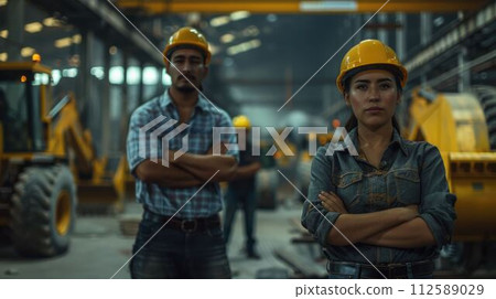 AI-generated content. group of construction workers with background of excavation machinery aigx04 112589029