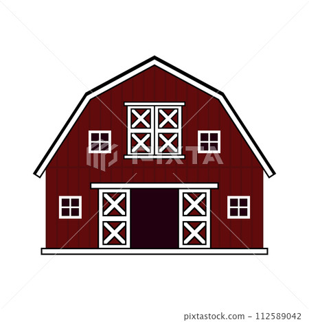 Red wooden barn with open gate and windows. Front view. Vector isolated outline illustration on white background 112589042