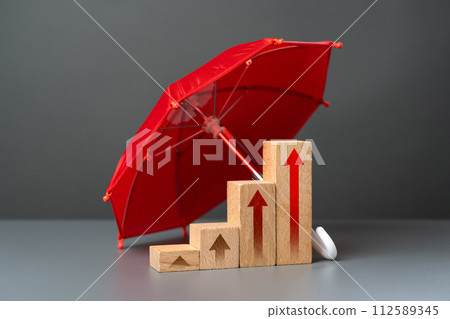 Business growth and insurance. Growing graph under umbrella. Growth and development, promotion. Career advancement. Motivation, self-development. Achieve success and conquer new heights. Business growth and insurance. Growing graph under umbrella. Growth and development, promotion. Career advancement. Motivation, self-development. Achieve success and conquer new heights. 112589345