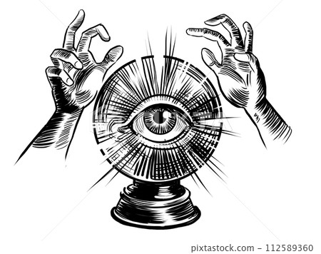 Chrystal ball with eye and hands. Hand drawn retro styled illustration Chrystal ball with eye and hands. Hand drawn retro styled illustration 112589360