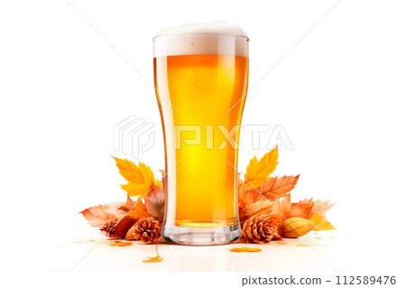 Beer in mug with wheat ears spikelets on white background. Mugs with drink like Ipa, Pale Ale, Pilsner, Porter or Stout 112589476
